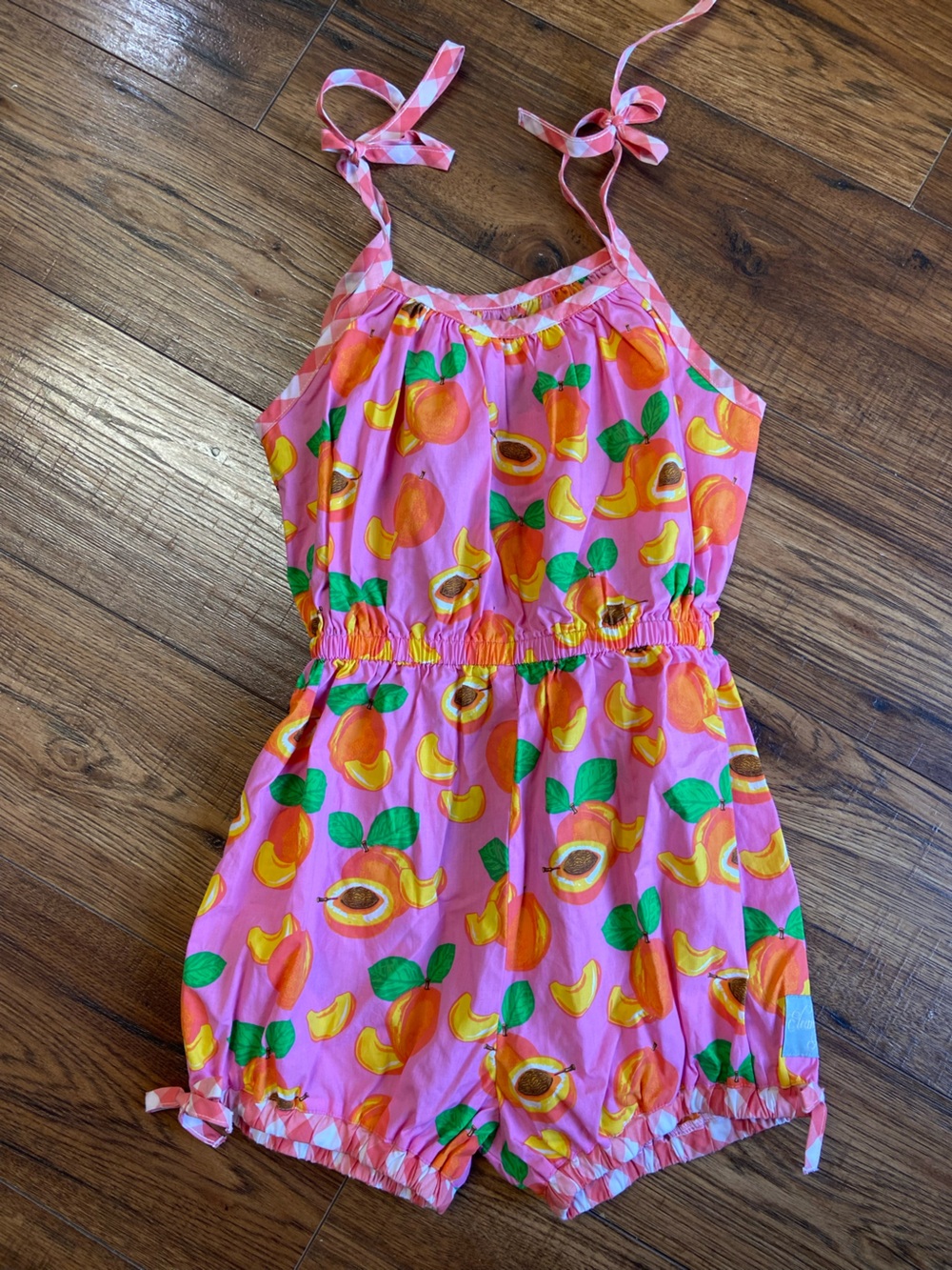Eleanor Rose Peaches Fruit Romper One-piece Girls 6-7 Pink Gingham Hem Tie Strap